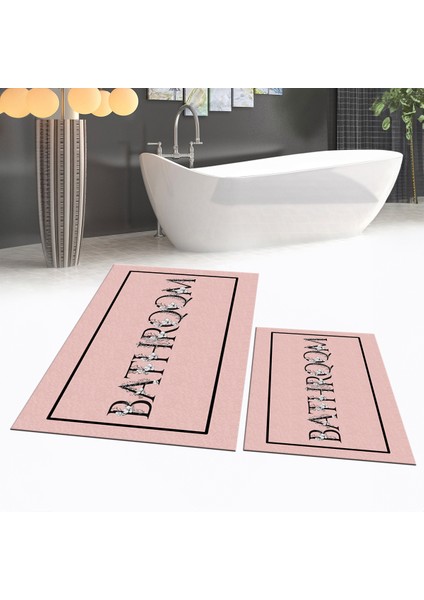 Dijital Baskılı Kaymaz Taban Yıkanabilir Ikili Banyo Paspas Klozet Takımı, V-Klozet-06-Pembe,