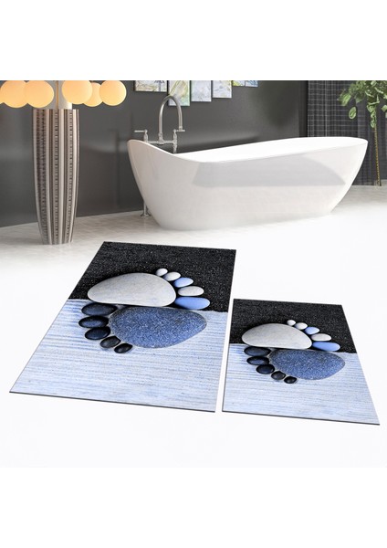 Dijital Baskılı Kaymaz Taban Yıkanabilir Ikili Banyo Paspas Klozet Takımı, V-Klozet-17-Mavi,