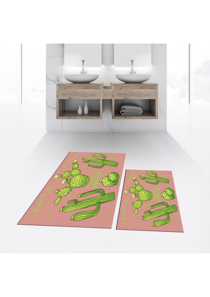 Dijital Baskılı Kaymaz Taban Yıkanabilir Ikili Banyo Paspas Klozet Takımı, V-Klozet-23-Pembe,