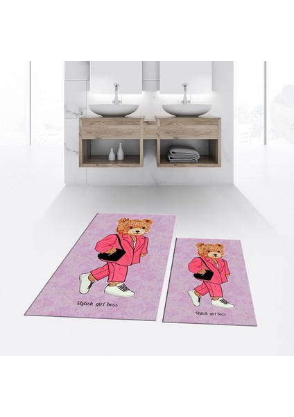 Dijital Baskılı Kaymaz Taban Yıkanabilir Ikili Banyo Paspas Klozet Takımı, V-Klozet-34-Pembe,