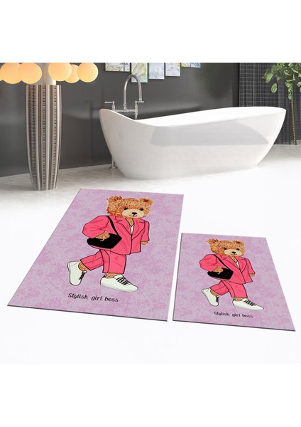 Dijital Baskılı Kaymaz Taban Yıkanabilir Ikili Banyo Paspas Klozet Takımı, V-Klozet-34-Pembe, fiyatları