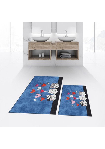 Dijital Baskılı Kaymaz Taban Yıkanabilir Ikili Banyo Paspas Klozet Takımı, V-Klozet-42-Mavi,