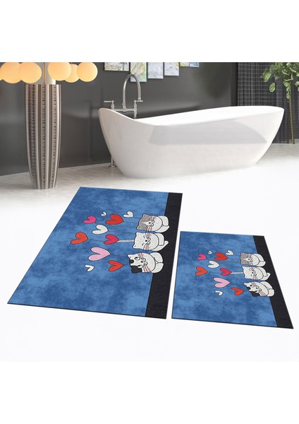 Dijital Baskılı Kaymaz Taban Yıkanabilir Ikili Banyo Paspas Klozet Takımı, V-Klozet-42-Mavi, fiyatları