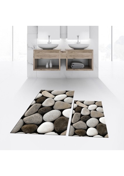 Dijital Baskılı Kaymaz Taban Yıkanabilir Ikili Banyo Paspas Klozet Takımı, V-Klozet-46-Kahve,