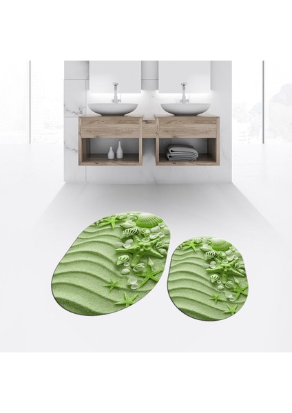 Dijital Baskılı Kaymaz Taban Yıkanabilir Oval Ikili Banyo Paspas Klozet Takımı, V-O-Klozet-48-Yeşil,