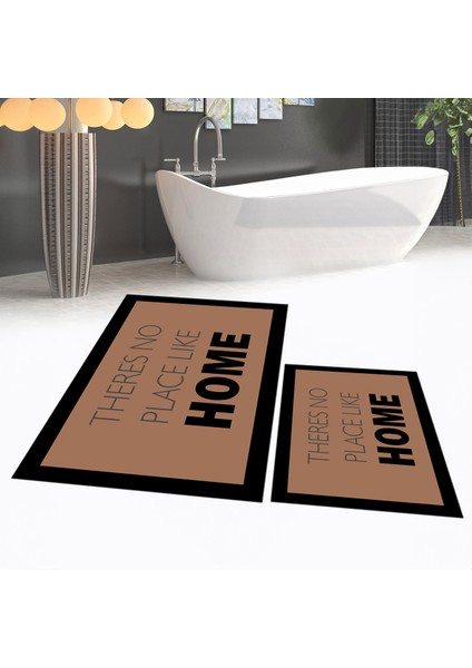 Dijital Baskılı Kaymaz Taban Yıkanabilir Ikili Banyo Paspas Klozet Takımı, V-Klozet-13-Kahve,