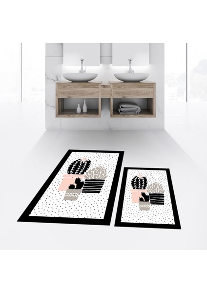 Dijital Baskılı Kaymaz Taban Yıkanabilir Ikili Banyo Paspas Klozet Takımı, V-Klozet-22-Beyaz,