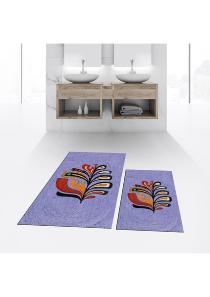 Dijital Baskılı Kaymaz Taban Yıkanabilir Ikili Banyo Paspas Klozet Takımı, V-Klozet-27-Mavi,