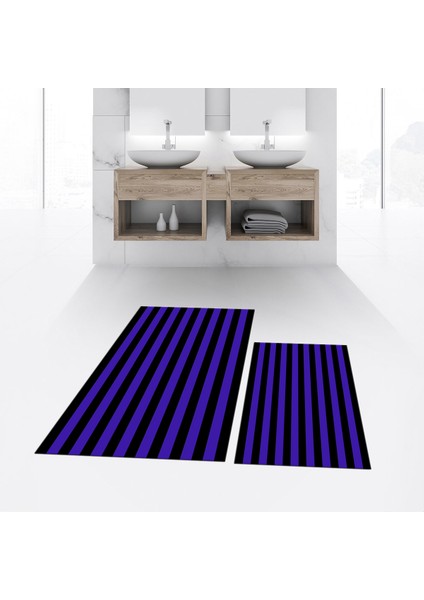 Dijital Baskılı Kaymaz Taban Yıkanabilir Ikili Banyo Paspas Klozet Takımı, V-Klozet-50-Mor,