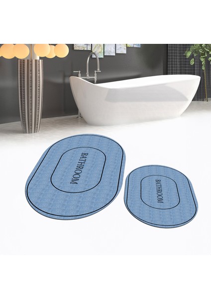 Dijital Baskılı Kaymaz Taban Yıkanabilir Oval Ikili Banyo Paspas Klozet Takımı, V-O-Klozet-04-Mavi,