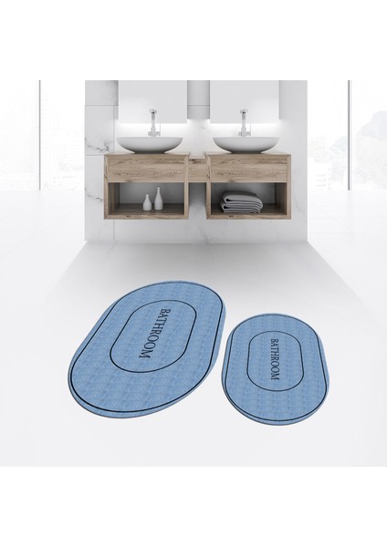 Dijital Baskılı Kaymaz Taban Yıkanabilir Oval Ikili Banyo Paspas Klozet Takımı, V-O-Klozet-04-Mavi, fiyatları