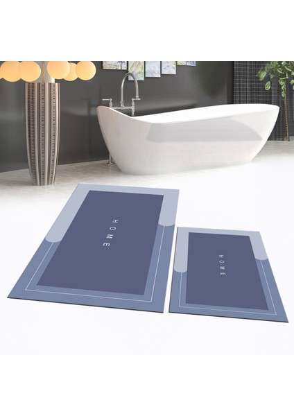 Dijital Baskılı Kaymaz Taban Yıkanabilir Ikili Banyo Paspas Klozet Takımı, V-Klozet-03-Mavi,