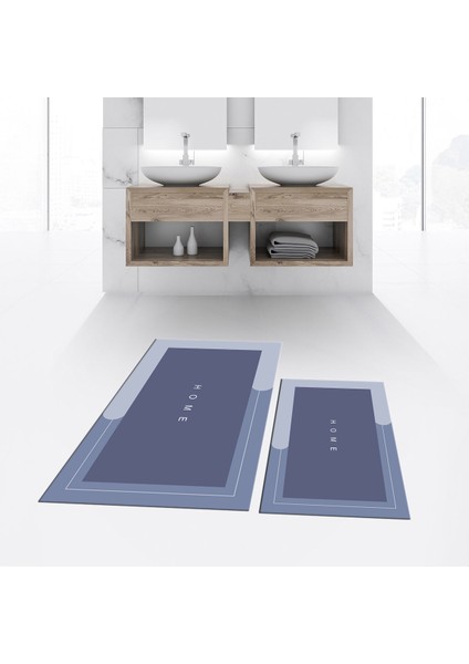 Dijital Baskılı Kaymaz Taban Yıkanabilir Ikili Banyo Paspas Klozet Takımı, V-Klozet-03-Mavi,