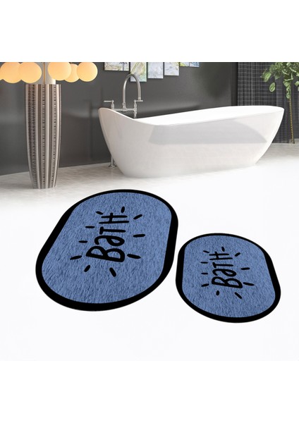 Dijital Baskılı Kaymaz Taban Yıkanabilir Oval Ikili Banyo Paspas Klozet Takımı, V-O-Klozet-10-Mavi,