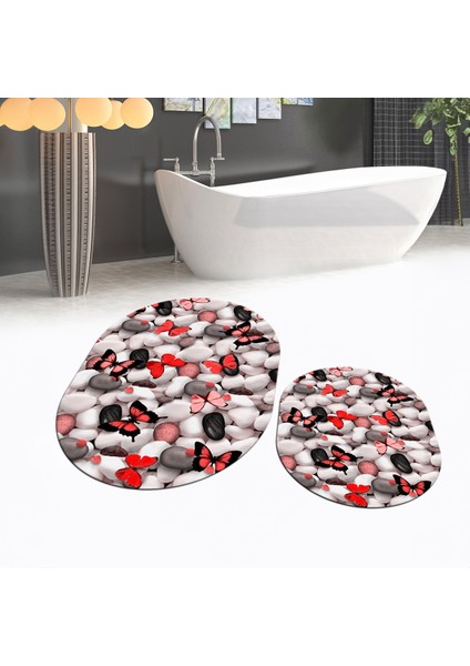 Dijital Baskılı Kaymaz Yıkanabilir Oval Ikili Banyo Paspas Klozet Takımı, V-O-Klozet-44-Kırmızı, fiyatları