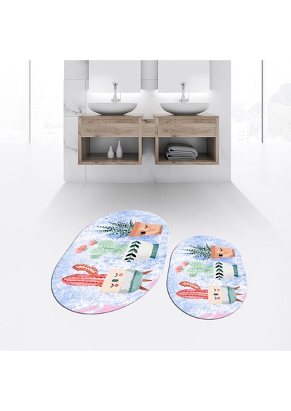 Dijital Baskılı Kaymaz Taban Yıkanabilir Oval Ikili Banyo Paspas Klozet Takımı, V-O-Klozet-24-Mavi,