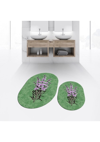 Dijital Baskılı Kaymaz Taban Yıkanabilir Oval Ikili Banyo Paspas Klozet Takımı, V-O-Klozet-29-Yeşil,