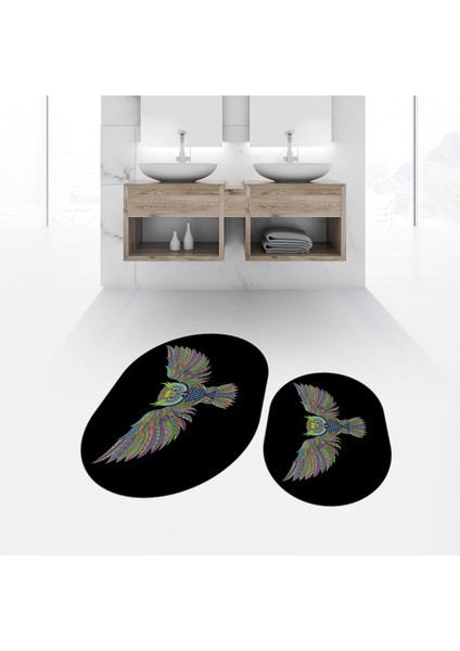 Dijital Baskılı Kaymaz Taban Yıkanabilir Oval Ikili Banyo Paspas Klozet Takımı, V-O-Klozet-37-Siyah,