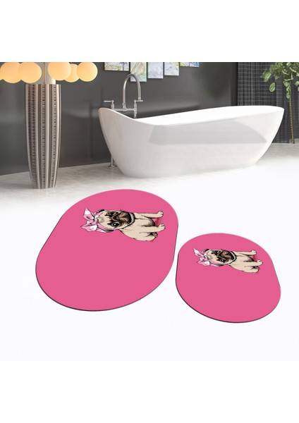 Dijital Baskılı Kaymaz Taban Yıkanabilir Oval Ikili Banyo Paspas Klozet Takımı, V-O-Klozet-38-Pembe,