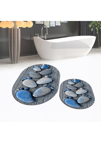 Dijital Baskılı Kaymaz Taban Yıkanabilir Oval Ikili Banyo Paspas Klozet Takımı, V-O-Klozet-15-Mavi,
