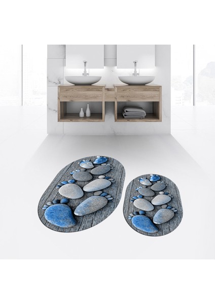 Dijital Baskılı Kaymaz Taban Yıkanabilir Oval Ikili Banyo Paspas Klozet Takımı, V-O-Klozet-15-Mavi, fiyatları
