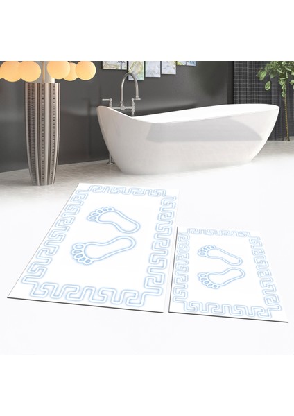 Dijital Baskılı Kaymaz Taban Yıkanabilir Ikili Banyo Paspas Klozet Takımı, V-Klozet-18-Beyaz,