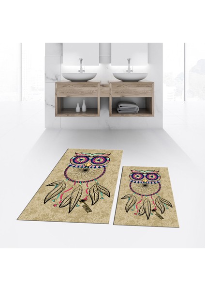 Dijital Baskılı Kaymaz Taban Yıkanabilir Ikili Banyo Paspas Klozet Takımı, V-Klozet-35-Kahve,