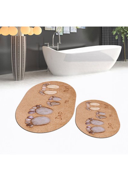 Dijital Baskılı Kaymaz Taban Yıkanabilir Oval Ikili Banyo Paspas Klozet Takımı, V-O-Klozet-16-Kahve,