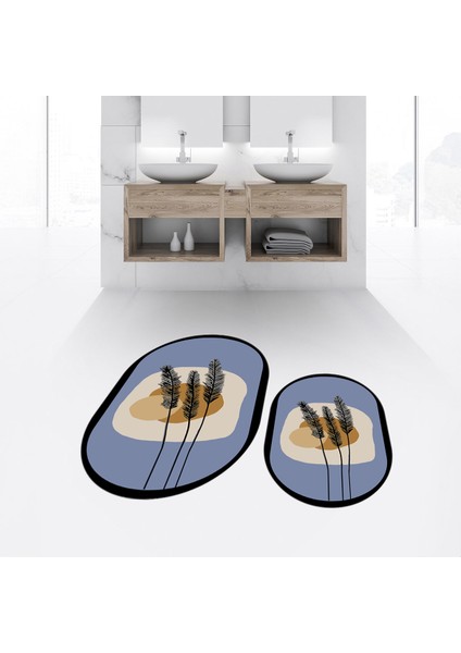 Dijital Baskılı Kaymaz Taban Yıkanabilir Oval Ikili Banyo Paspas Klozet Takımı, V-O-Klozet-28-Mavi,