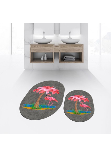 Dijital Baskılı Kaymaz Taban Yıkanabilir Oval Ikili Banyo Paspas Klozet Takımı, V-O-Klozet-30-Gri,