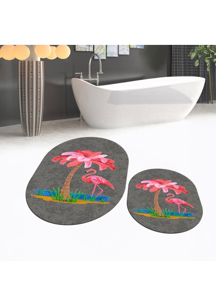 Dijital Baskılı Kaymaz Taban Yıkanabilir Oval Ikili Banyo Paspas Klozet Takımı, V-O-Klozet-30-Gri,