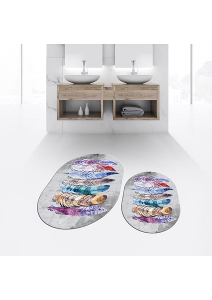 Dijital Baskılı Kaymaz Taban Yıkanabilir Oval Ikili Banyo Paspas Klozet Takımı, V-O-Klozet-25-Gri,
