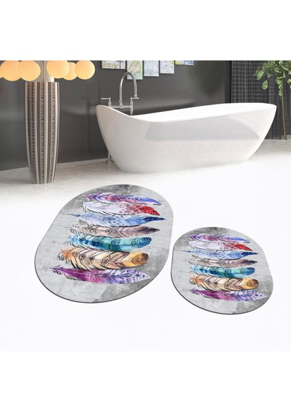 Dijital Baskılı Kaymaz Taban Yıkanabilir Oval Ikili Banyo Paspas Klozet Takımı, V-O-Klozet-25-Gri, fiyatları