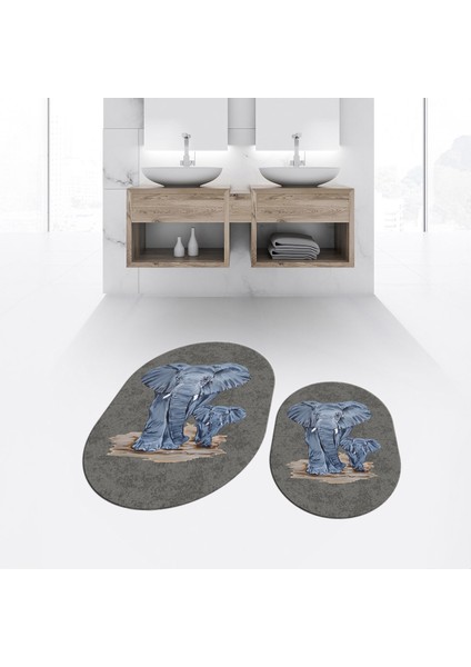 Dijital Baskılı Kaymaz Taban Yıkanabilir Oval Ikili Banyo Paspas Klozet Takımı, V-O-Klozet-33-Gri,