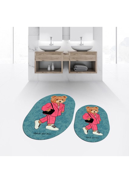 Dijital Baskılı Kaymaz Taban Yıkanabilir Oval Ikili Banyo Paspas Klozet Takımı, V-O-Klozet-34-Mavi,