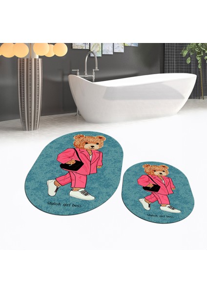 Dijital Baskılı Kaymaz Taban Yıkanabilir Oval Ikili Banyo Paspas Klozet Takımı, V-O-Klozet-34-Mavi,