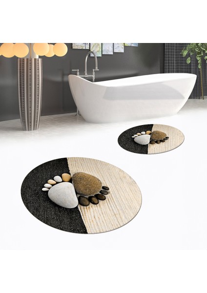 Dijital Baskılı Kaymaz Yıkanabilir Yuvarlak Ikili Banyo Paspas Klozet Takımı, V-Y-Klozet-17-Kahve,