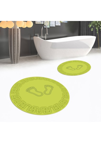 Dijital Baskılı Kaymaz Yıkanabilir Yuvarlak Ikili Banyo Paspas Klozet Takımı, V-Y-Klozet-18-Yeşil,