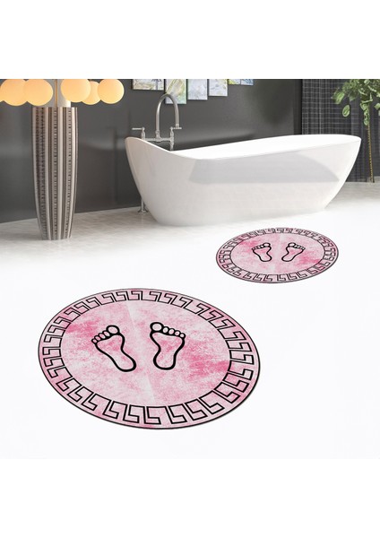 Dijital Baskılı Kaymaz Yıkanabilir Yuvarlak Ikili Banyo Paspas Klozet Takımı, V-Y-Klozet-19-Pembe,