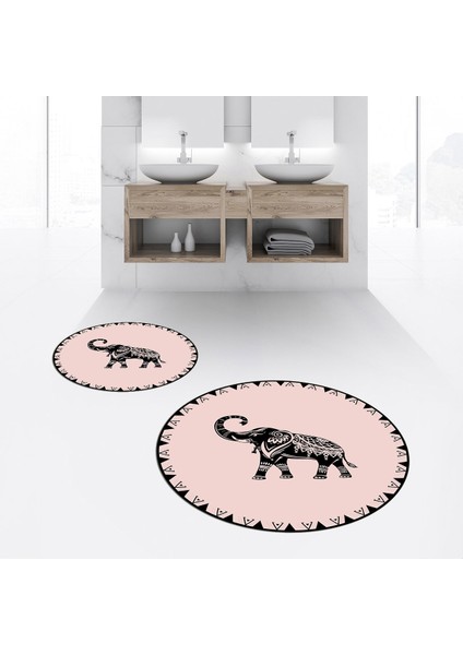 Dijital Baskılı Kaymaz Yıkanabilir Yuvarlak Ikili Banyo Paspas Klozet Takımı, V-Y-Klozet-32-Pembe,