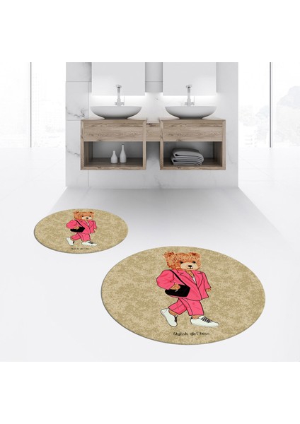 Dijital Baskılı Kaymaz Yıkanabilir Yuvarlak Ikili Banyo Paspas Klozet Takımı, V-Y-Klozet-34-Kahve,