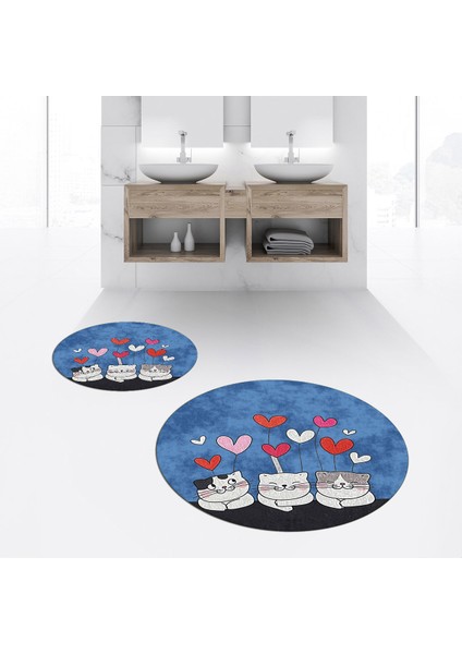 Dijital Baskılı Kaymaz Yıkanabilir Yuvarlak Ikili Banyo Paspas Klozet Takımı, V-Y-Klozet-42-Mavi,