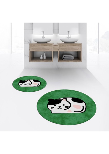 Dijital Baskılı Kaymaz Yıkanabilir Yuvarlak Ikili Banyo Paspas Klozet Takımı, V-Y-Klozet-43-Yeşil,