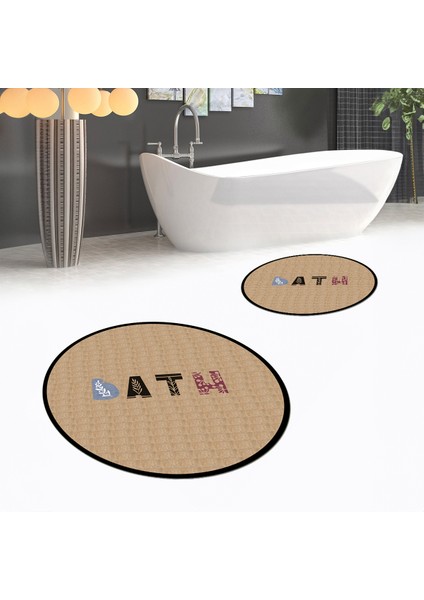 Dijital Baskılı Kaymaz Yıkanabilir Yuvarlak Ikili Banyo Paspas Klozet Takımı, V-Y-Klozet-08-Kahve,