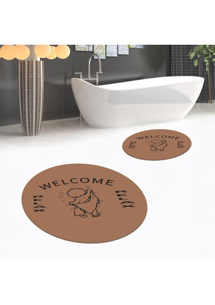 Dijital Baskılı Kaymaz Yıkanabilir Yuvarlak Ikili Banyo Paspas Klozet Takımı, V-Y-Klozet-11-Kahve,