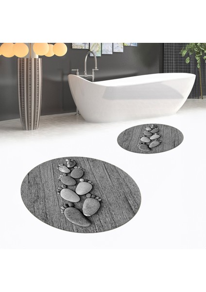 Dijital Baskılı Kaymaz Yıkanabilir Yuvarlak Ikili Banyo Paspas Klozet Takımı, V-Y-Klozet-15-Gri,