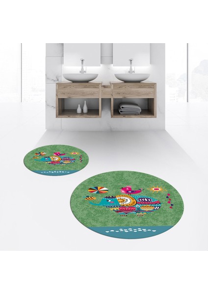 Dijital Baskılı Kaymaz Yıkanabilir Yuvarlak Ikili Banyo Paspas Klozet Takımı, V-Y-Klozet-31-Yeşil,