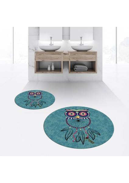 Dijital Baskılı Kaymaz Yıkanabilir Yuvarlak Ikili Banyo Paspas Klozet Takımı, V-Y-Klozet-35-Mavi,