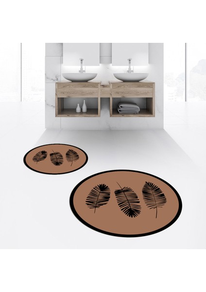 Dijital Baskılı Kaymaz Yıkanabilir Yuvarlak Ikili Banyo Paspas Klozet Takımı, V-Y-Klozet-26-Kahve,