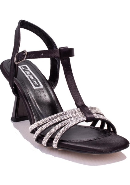 DZA07-1125051BB Siyah Saten Taşlı Abiye Topuklu Kadın Ayakkabı